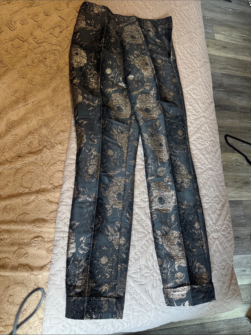 Zara Black Pants with Metallic Gold Floral Brocade